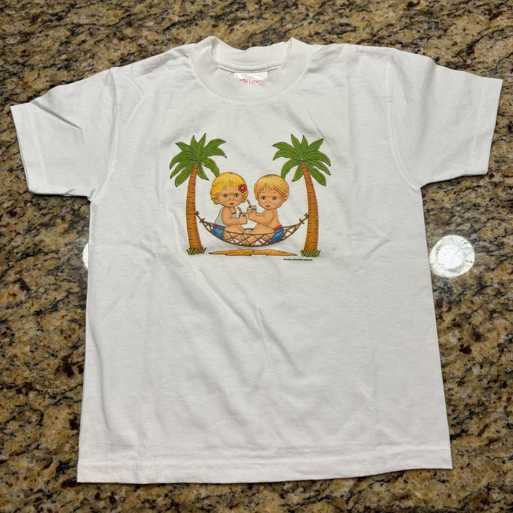 Vintage 1998 Hanes Heavyweight 50/50 Kids T-Shirt White Hammock Palm Trees S v